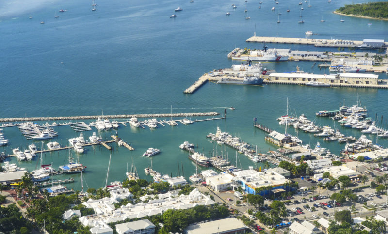 Aerial view of the docks and boat slips at the Key West Bight Marina.